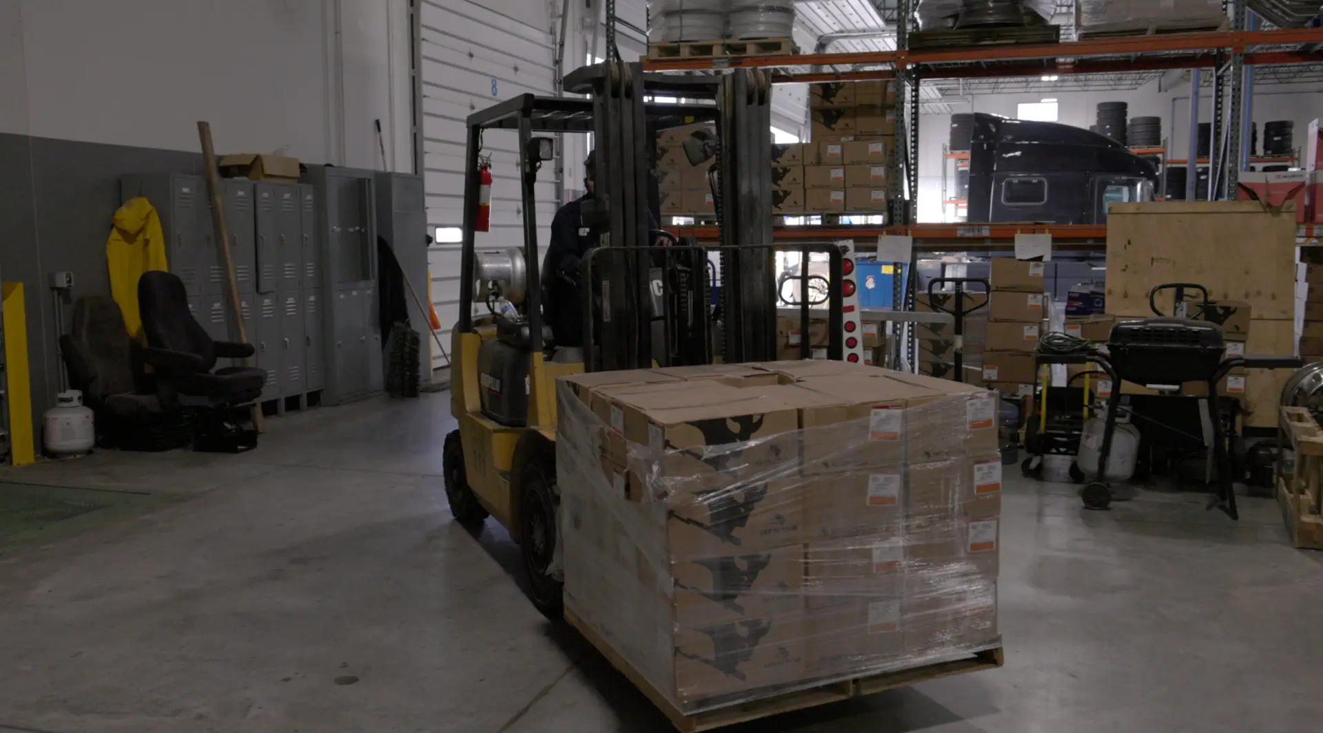 forklift, boxes, warehouse, chair