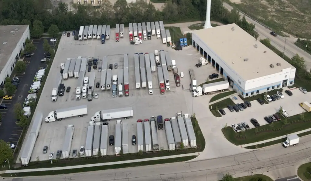 Aerial shot of a rest area for trucks.