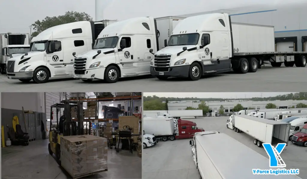 a warehouse and cargo trucks of a logistics services company. | YForce' 3PL's Visions is to provide it services worldwide.