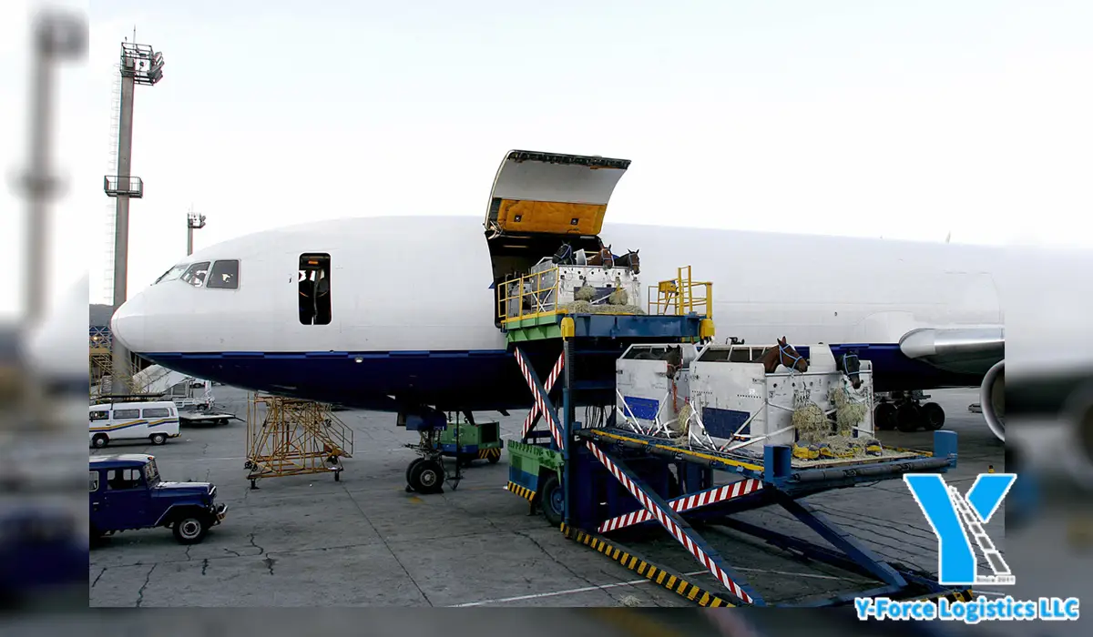 Cargo boxes being loaded into the aircraft.