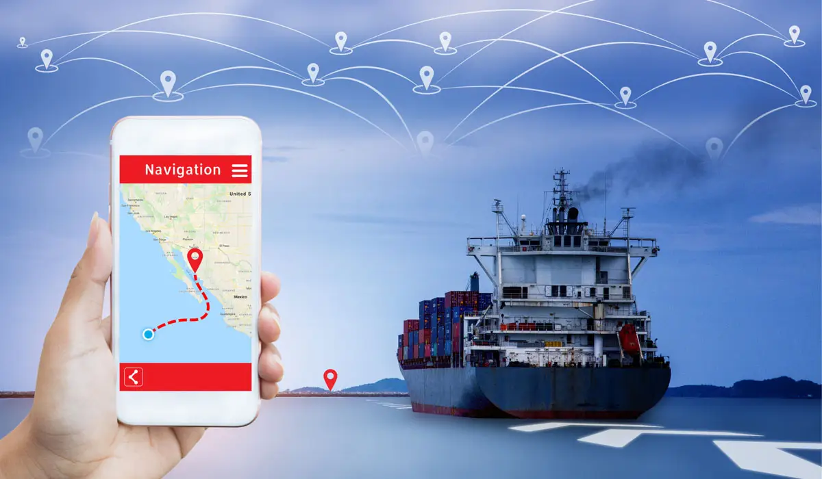 Ship cargo Sunlight-bound goods delivery. Displays cargo ship destination and goods on smart app.