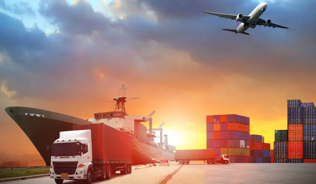 container truck, ship in port and airplane for freight transport