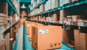 cargo boxes in a large warehouse