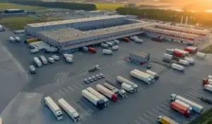 large warehouse and trucks